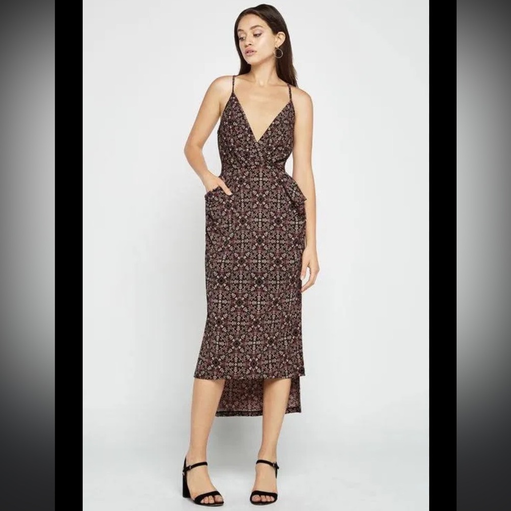 BCBGeneration Midi Wrap Dress Surplice Draped Burgundy Botanical Print V Neck